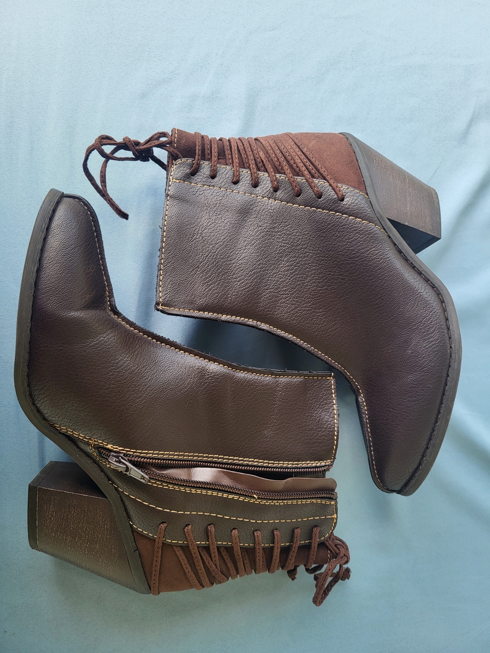 Cato Comfort Western Lace-Up Back Brown Faux Leather Heeled Ankle Boots